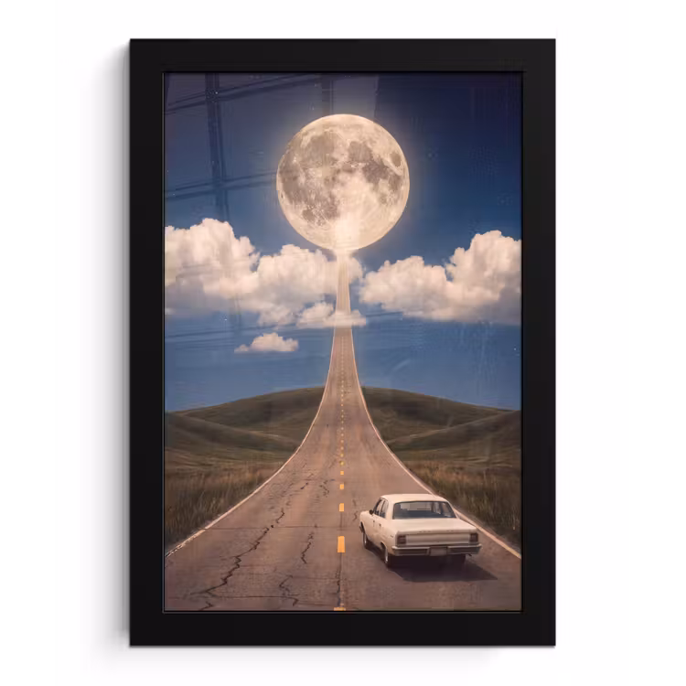 Framed Prints - Road - Moon - Night - Weg - Maan - Nacht fotolijst zwart zonder passe partout klein