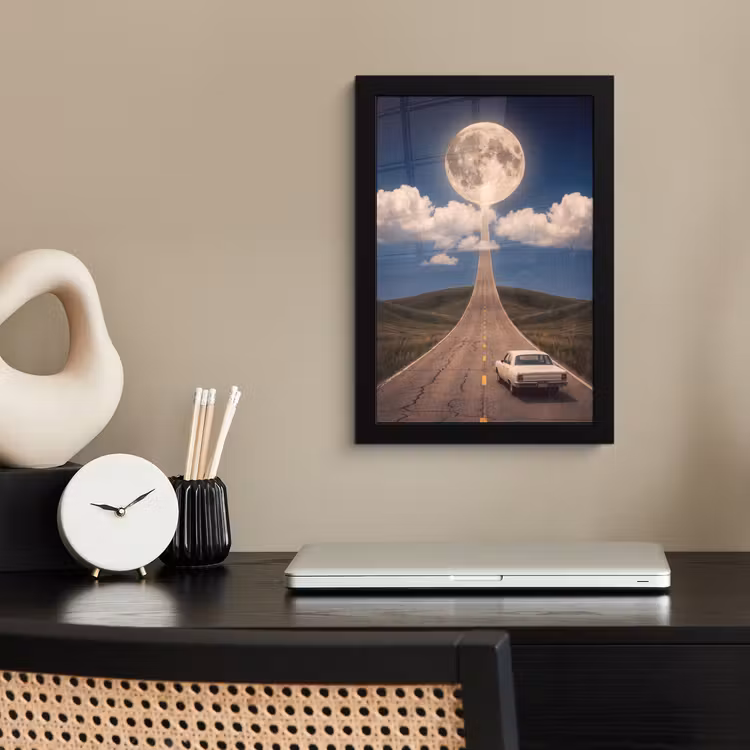 Framed Prints - Road - Moon - Night - Weg - Maan - Nacht fotolijst zwart zonder passe partout klein
