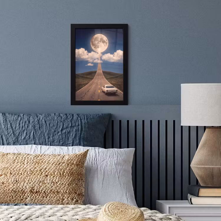 Framed Prints - Road - Moon - Night - Weg - Maan - Nacht fotolijst zwart zonder passe partout klein