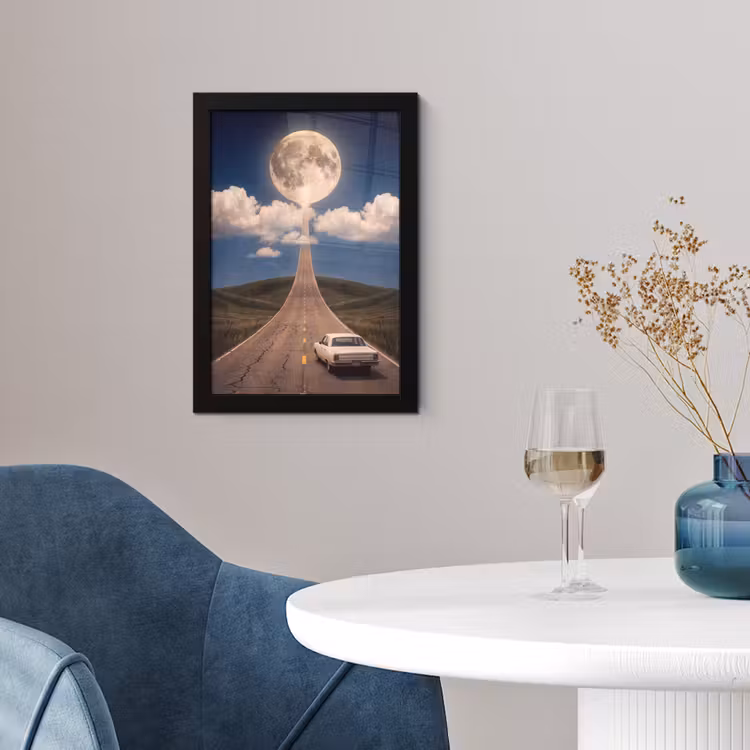 Framed Prints - Road - Moon - Night - Weg - Maan - Nacht fotolijst zwart zonder passe partout klein