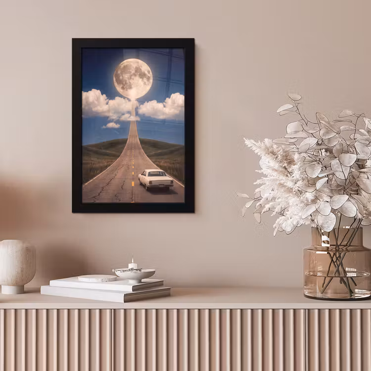 Framed Prints - Road - Moon - Night - Weg - Maan - Nacht fotolijst zwart zonder passe partout klein