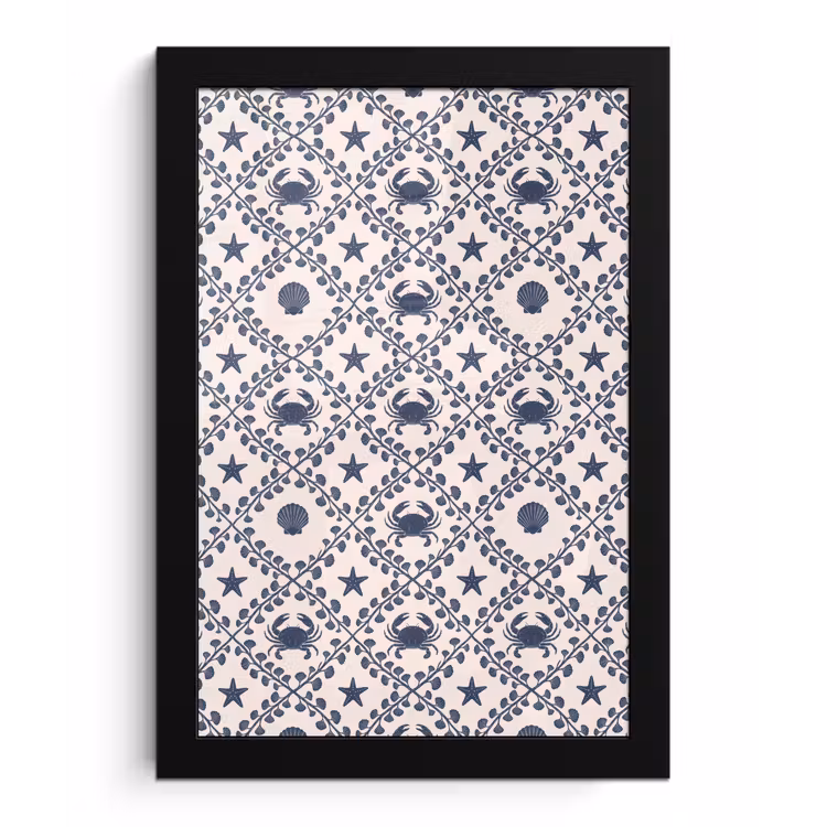 Zee - Krab - Zeester - Patroon - Blauw fotolijst zwart zonder passe partout klein -3d