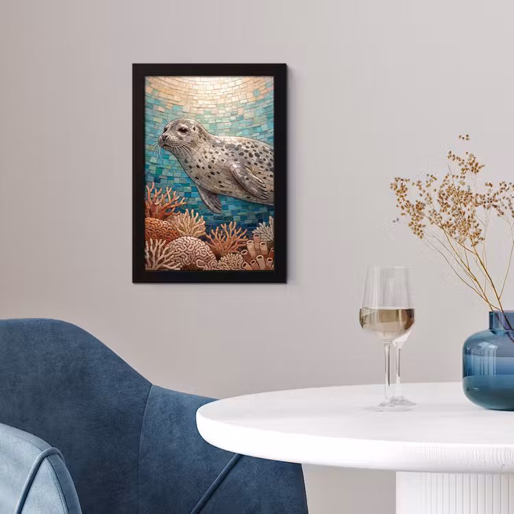 Zeehond - Mozaïek - Onderwater - Dieren - Blauw fotolijst zwart zonder passe partout klein -sfeer4