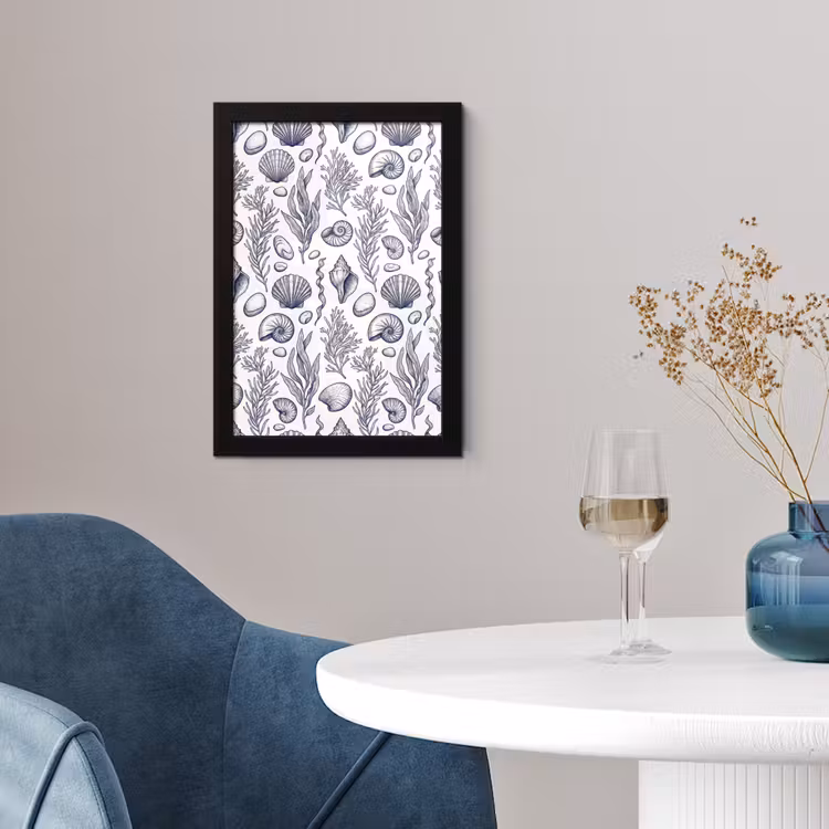 Schelpen - Zeewier - Oceaan - Illustratie - Blauw fotolijst zwart zonder passe partout klein -sfeer4