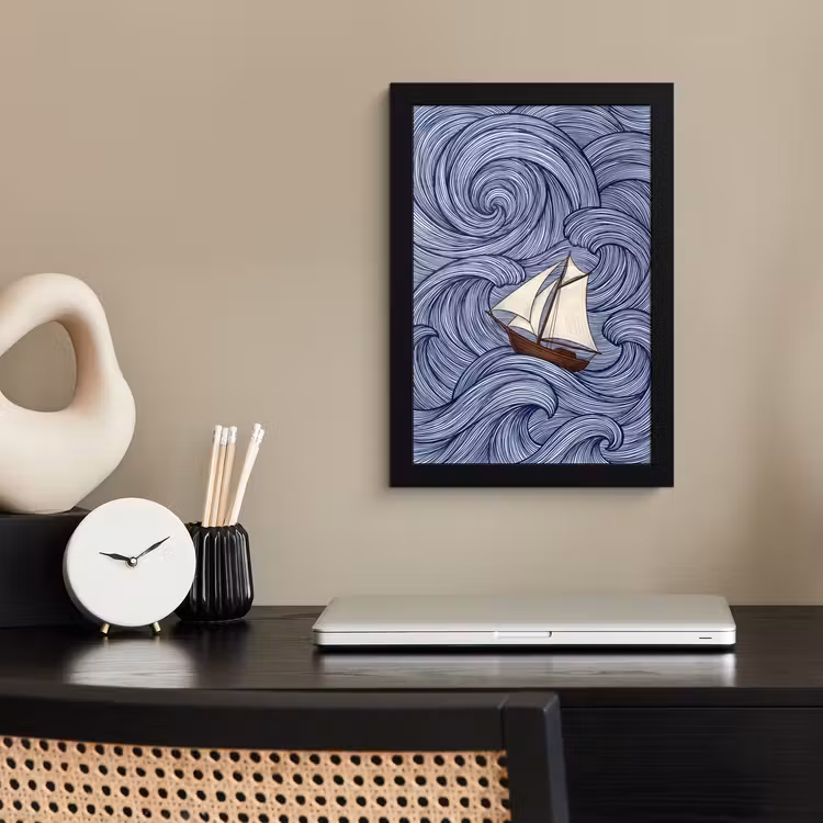 Schip - Golven - Zee - Illustratie - Blauw fotolijst zwart zonder passe partout klein -sfeer1