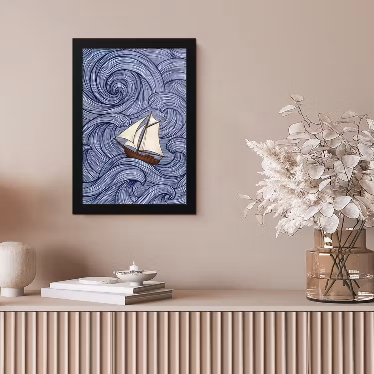 Schip - Golven - Zee - Illustratie - Blauw fotolijst zwart zonder passe partout klein -sfeer5