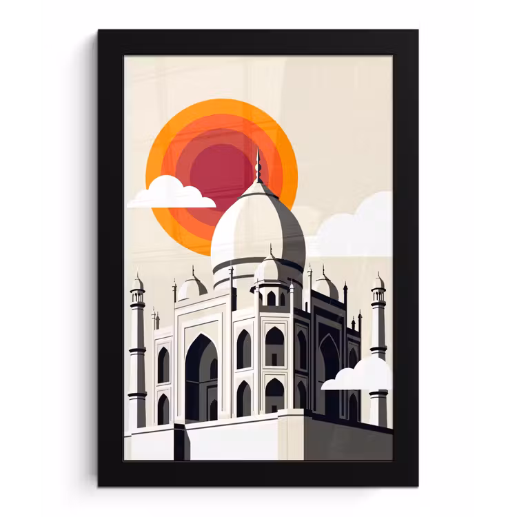 Taj Mahal - Zon - Koepel - Architectuur - India - Grafisch fotolijst zwart zonder passe partout klein -3d