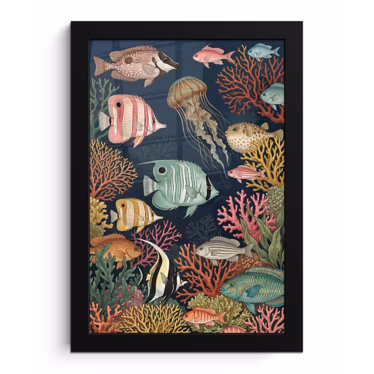 Onderwaterwereld - Vissen - Koraal - Illustratie - Kleurrijk fotolijst zwart zonder passe partout klein -3d