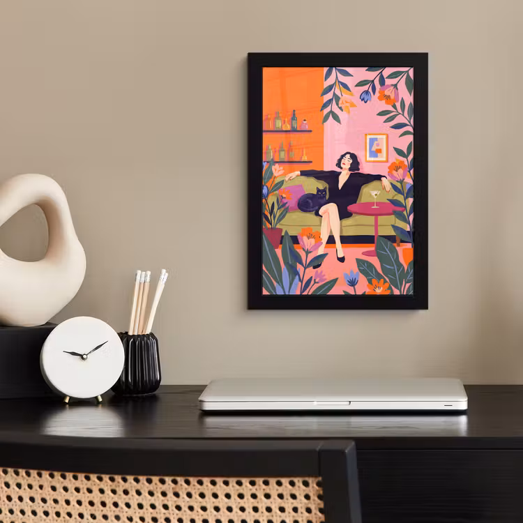 Vrouw - Kat - Interieur - Modern - Kleurrijk fotolijst zwart zonder passe partout klein -sfeer1
