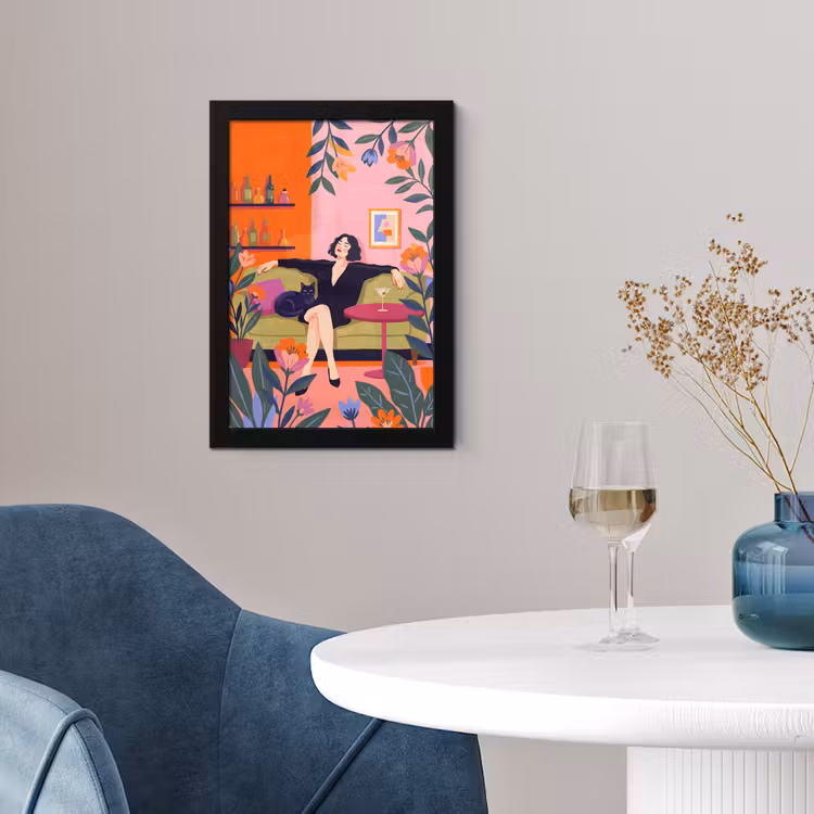 Vrouw - Kat - Interieur - Modern - Kleurrijk fotolijst zwart zonder passe partout klein -sfeer4