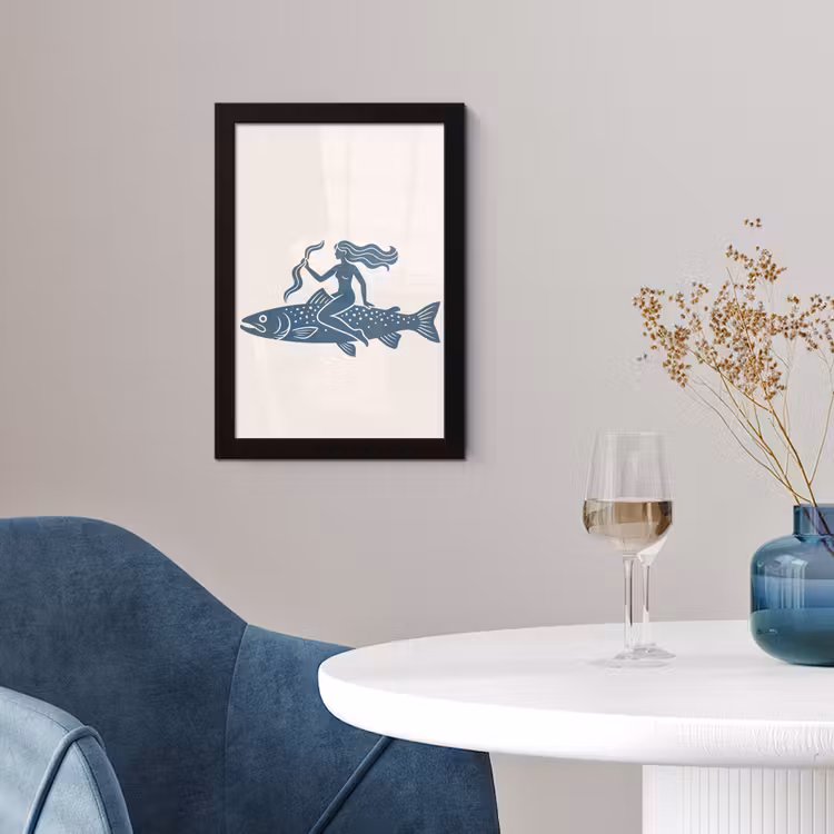 Vrouw - Vis - Fantasie - Abstract - Blauw fotolijst zwart zonder passe partout klein -sfeer4