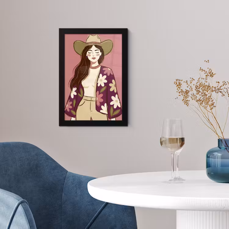 Vrouw - Hoed - Portret - Illustratie - Roze fotolijst zwart zonder passe partout klein -sfeer4
