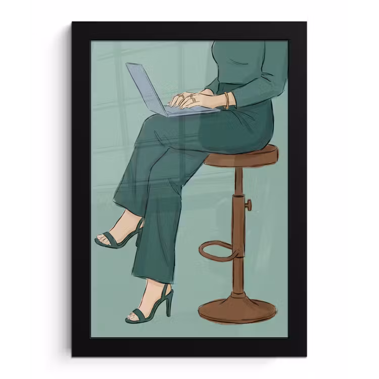 Vrouw - Laptop - Zittend - Illustratie - Groen fotolijst zwart zonder passe partout klein -3d