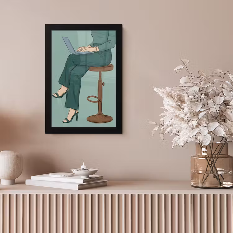 Vrouw - Laptop - Zittend - Illustratie - Groen fotolijst zwart zonder passe partout klein -sfeer5