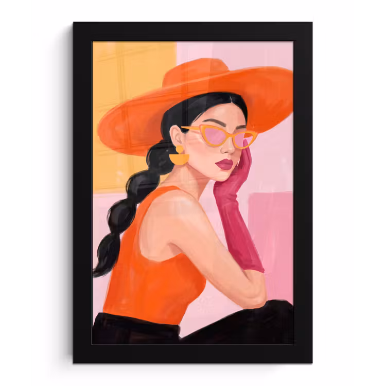 Vrouw - Hoed - Mode - Modern - Oranje fotolijst zwart zonder passe partout klein -3d