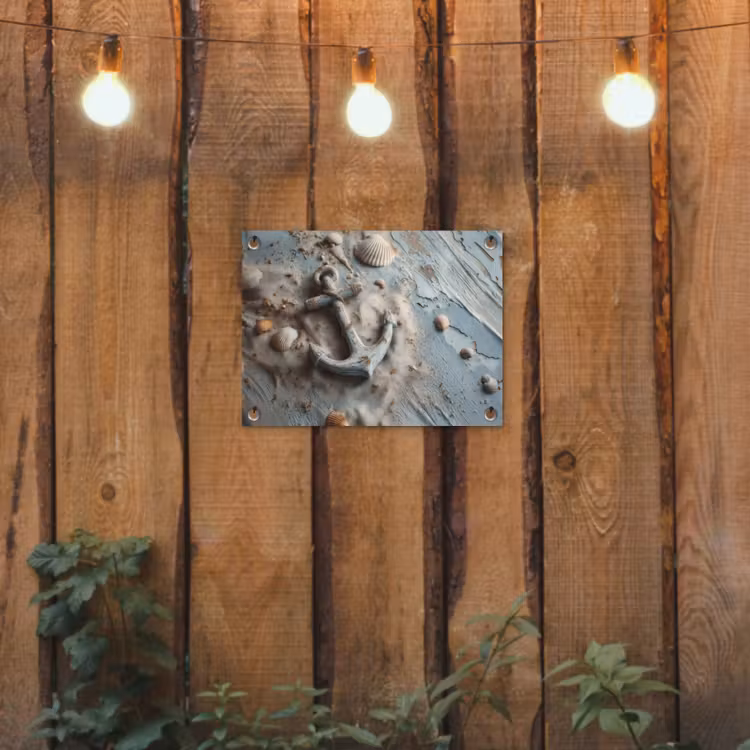 Anker - Hout - Schelpen - Zand tuinposter los doek klein -sfeer1