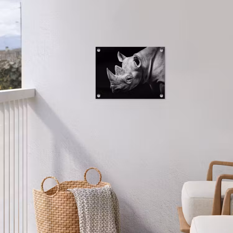 Dieren - Neushoorn - Zwart - Wit - Portret tuinposter los doek klein -sfeer8