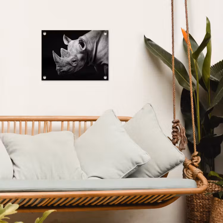 Dieren - Neushoorn - Zwart - Wit - Portret tuinposter los doek klein -sfeer7