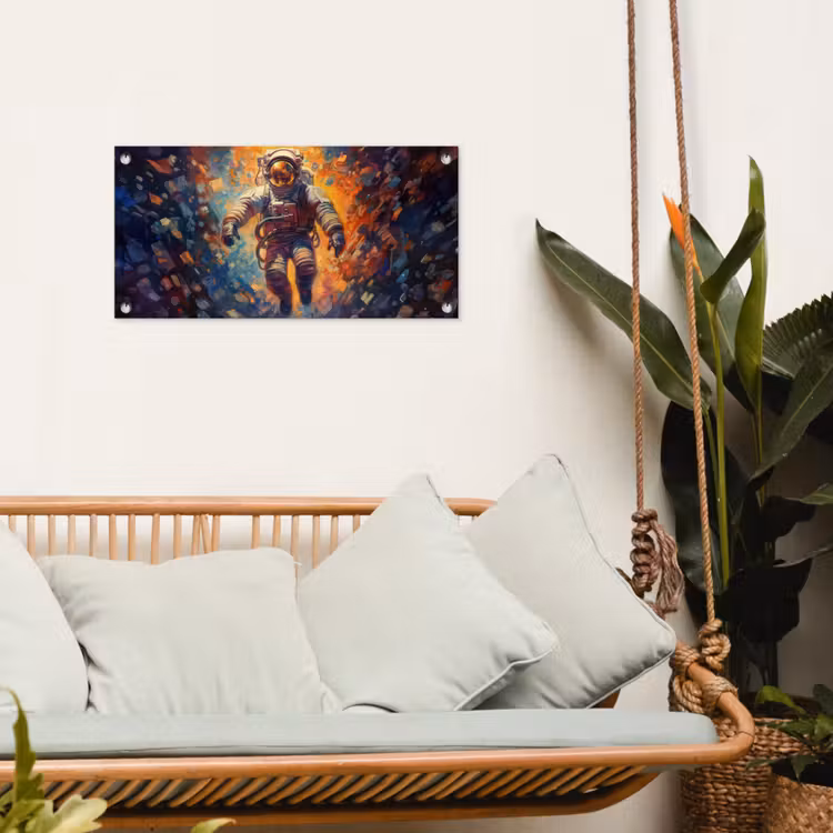 Astronaut - Neon - Oranje - Ruimte tuinposter los doek klein -sfeer7