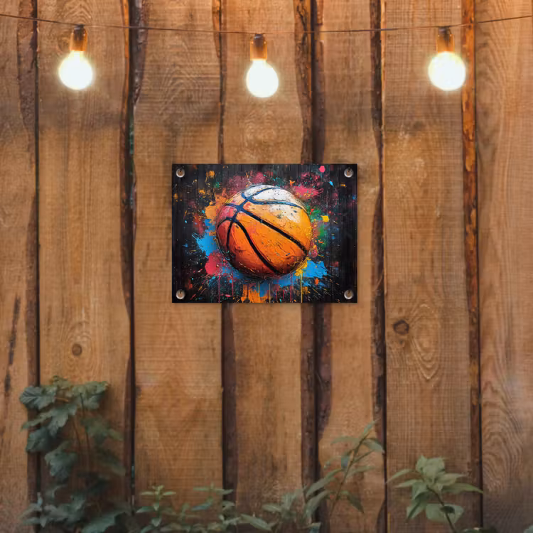 Basketbal in Kleurrijke Spatten tuinposter los doek klein -sfeer1