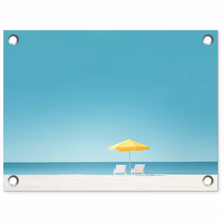 Strand - Blauwe lucht - Geel - Parasol tuinposter los doek klein -3d
