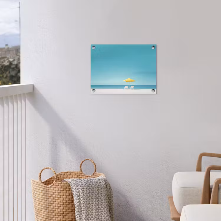 Strand - Blauwe lucht - Geel - Parasol tuinposter los doek klein -sfeer8