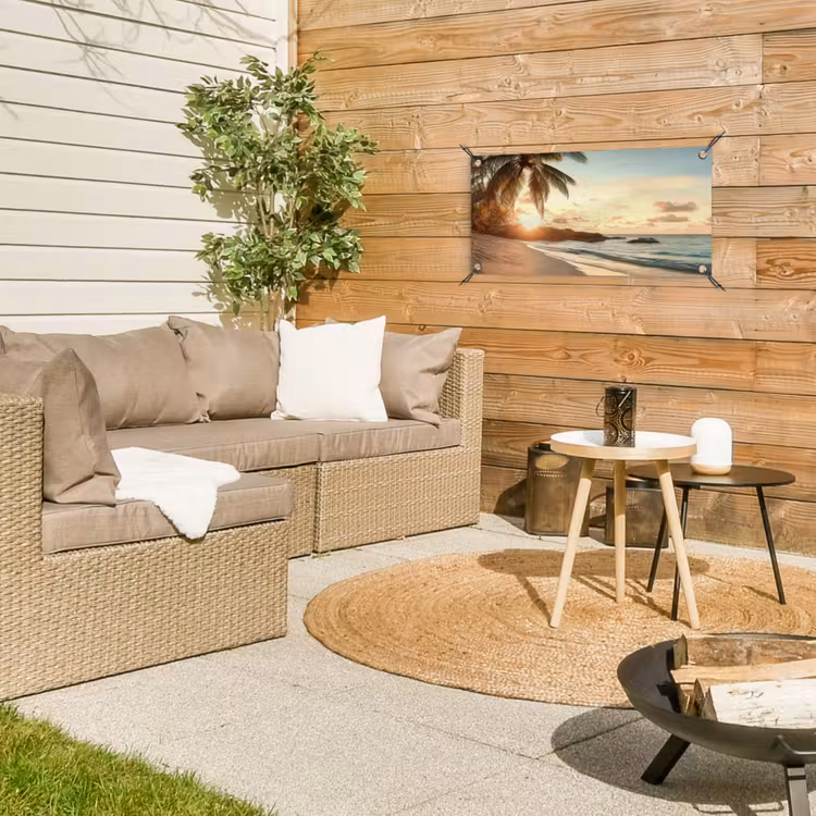 Strand - Palmbomen - Oceaan - Zonsondergang tuinposter los doek klein -sfeer4