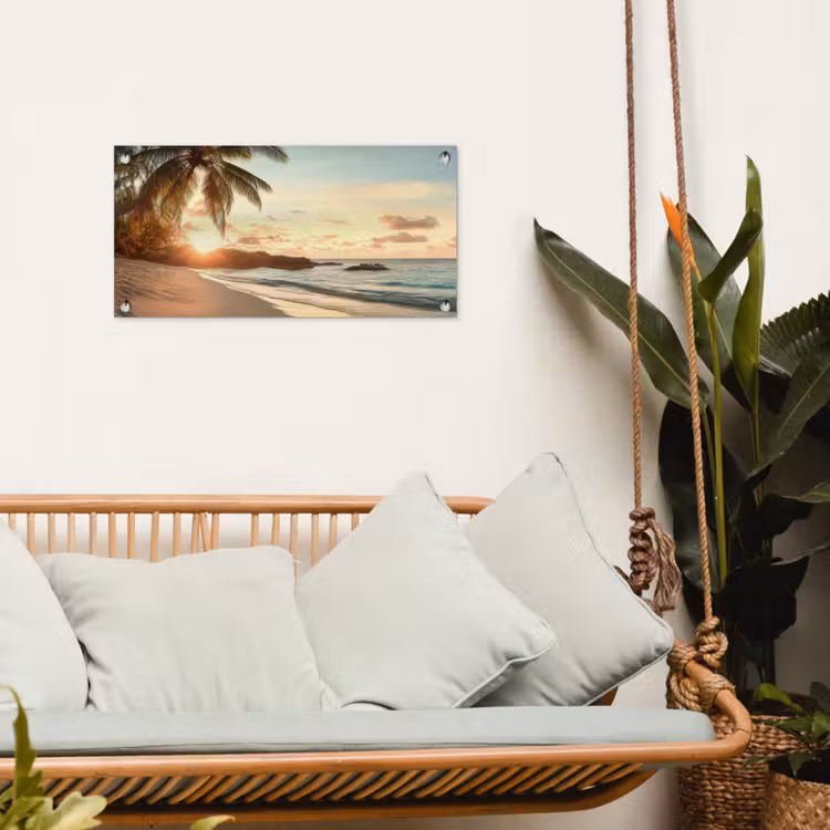 Strand - Palmbomen - Oceaan - Zonsondergang tuinposter los doek klein -sfeer7