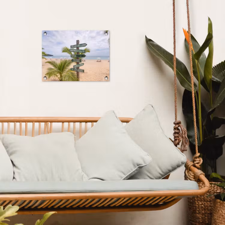 Strand - Wegwijzer - Palmen - Tropisch - Groen tuinposter los doek klein -sfeer7