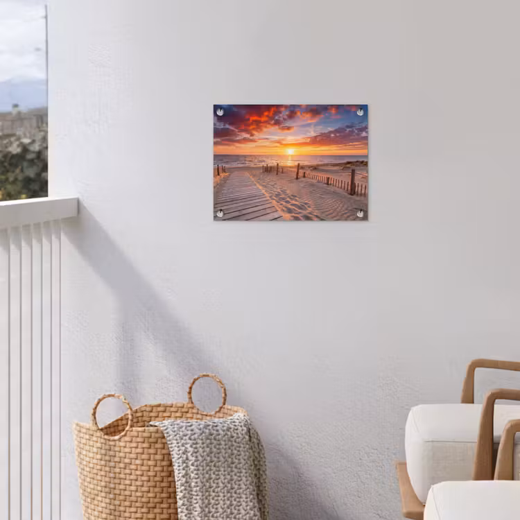 Strand - Zonsondergang - Zee - Natuur - Oranje tuinposter los doek klein -sfeer8