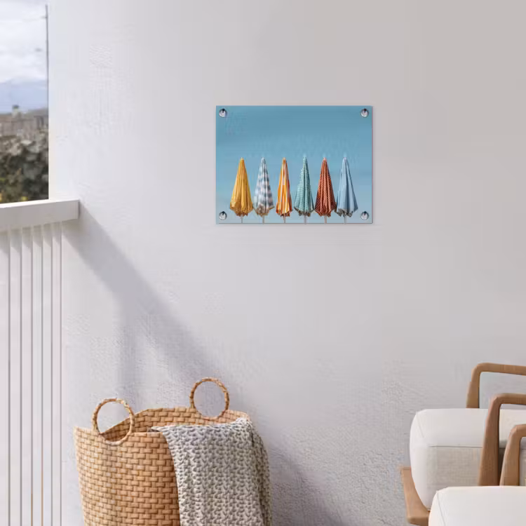 Strandparasols - Blauwe lucht - Kleurrijk tuinposter los doek klein -sfeer8