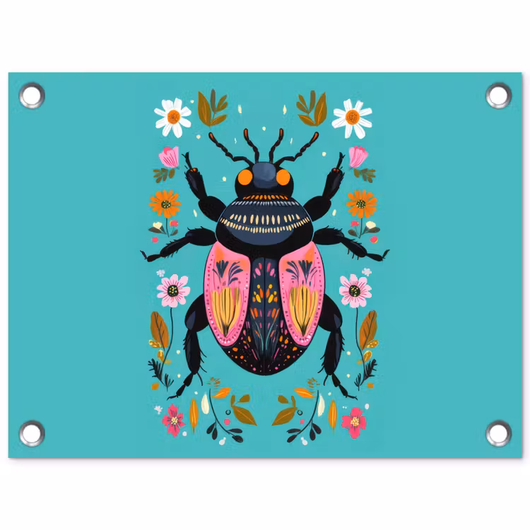 Kever - Bloemmotieven - Turquoise - Bladeren tuinposter los doek klein -3d