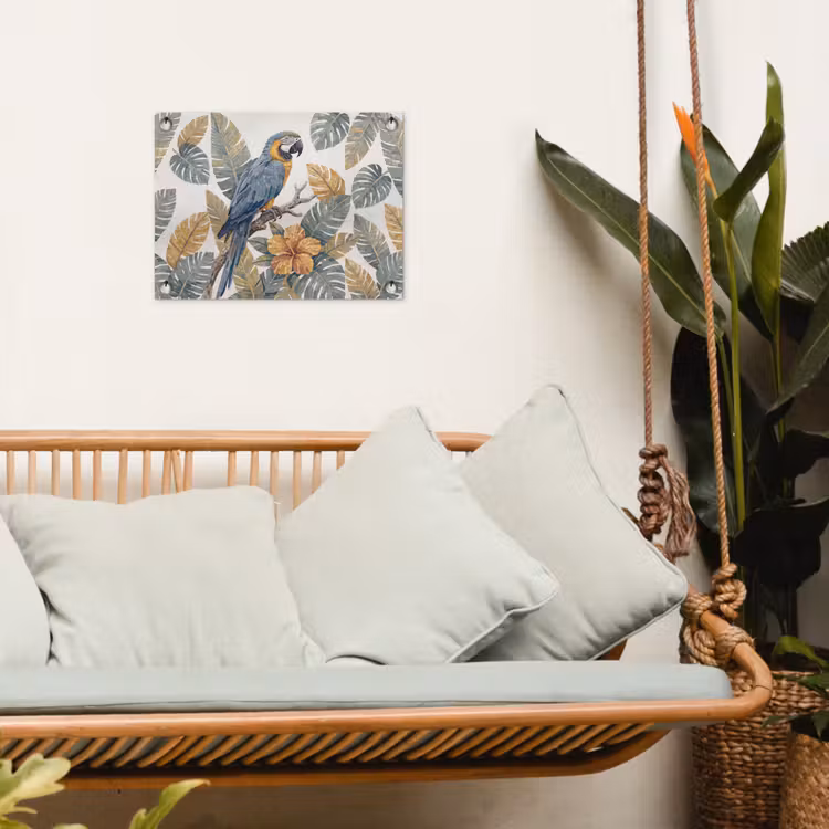 Vogel - Tak - Natuur - Mozaïek - Blauw tuinposter los doek klein -sfeer7
