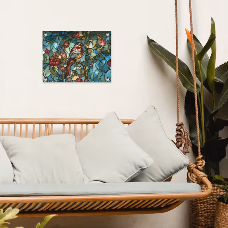 Vogel - Tak - Rozen - Mozaïek tuinposter los doek klein -sfeer7