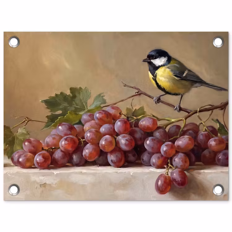 Garden Poster - Bird - Grapes - Still Life - Vogel - Druiven - Stilleven tuinposter los doek klein