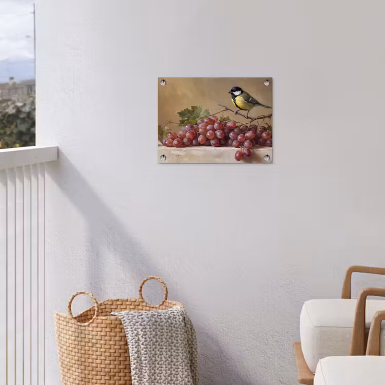 Garden Poster - Bird - Grapes - Still Life - Vogel - Druiven - Stilleven tuinposter los doek klein