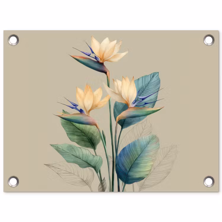 Paradijsvogelbloemen - Blauwgroene bladeren - Beige tuinposter los doek klein -3d