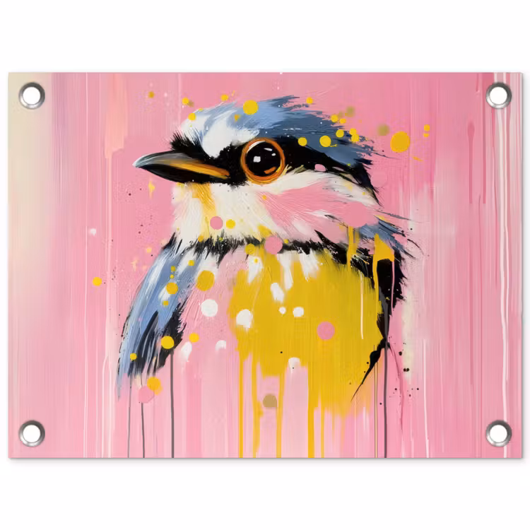 Vogel - Roze - Geel - Blauw tuinposter los doek klein -3d