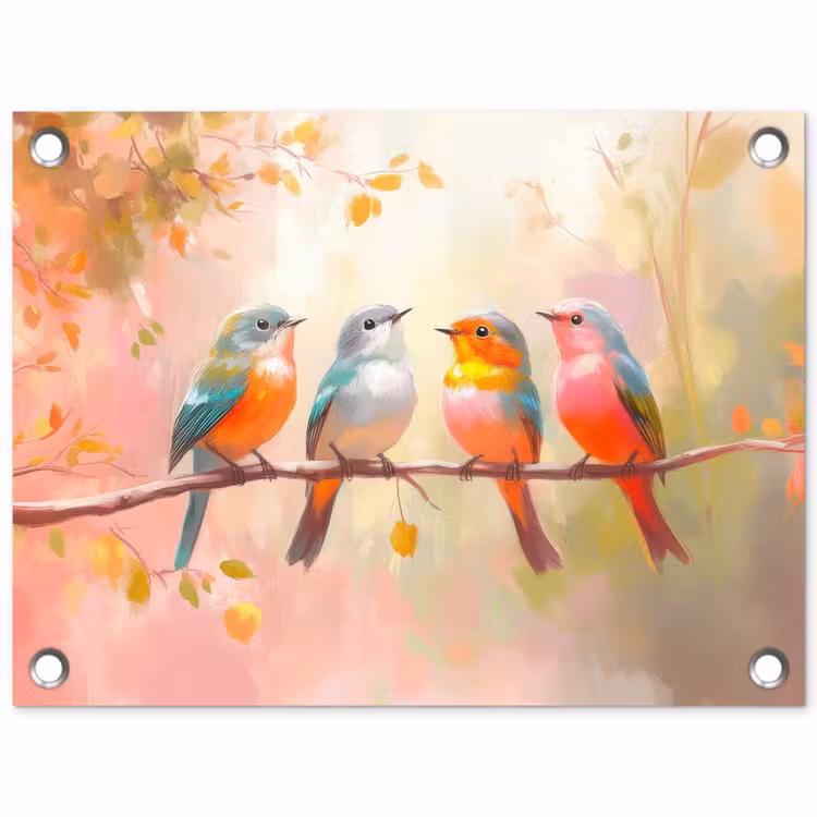 Vogels - Kleurrijk - Tak tuinposter los doek klein -3d