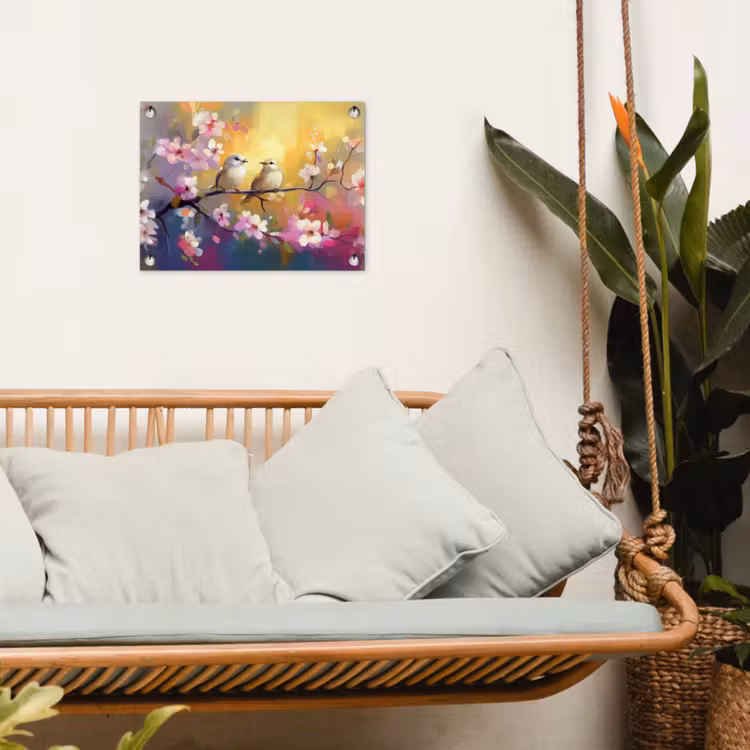 Vogels - Bloemen - Roze tuinposter los doek klein -sfeer7