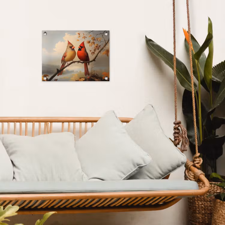 Vogels - Rood - Tak - Herfstbladeren tuinposter los doek klein -sfeer7