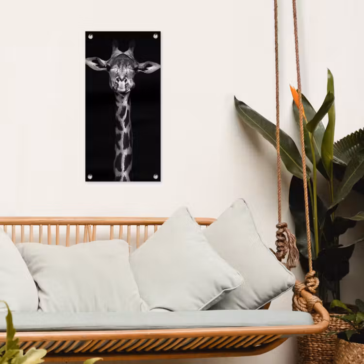 Zwart-wit portret van een giraffe tuinposter los doek klein -sfeer7