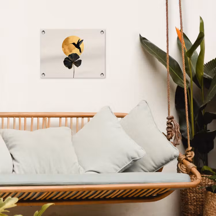 Zwarte kolibrie - Bloem - Gouden cirkel tuinposter los doek klein -sfeer7