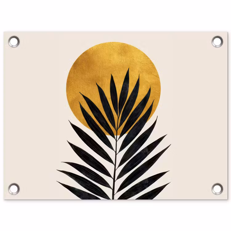 Zwart palmblad - Gouden cirkel - Beige achtergrond tuinposter los doek klein -3d
