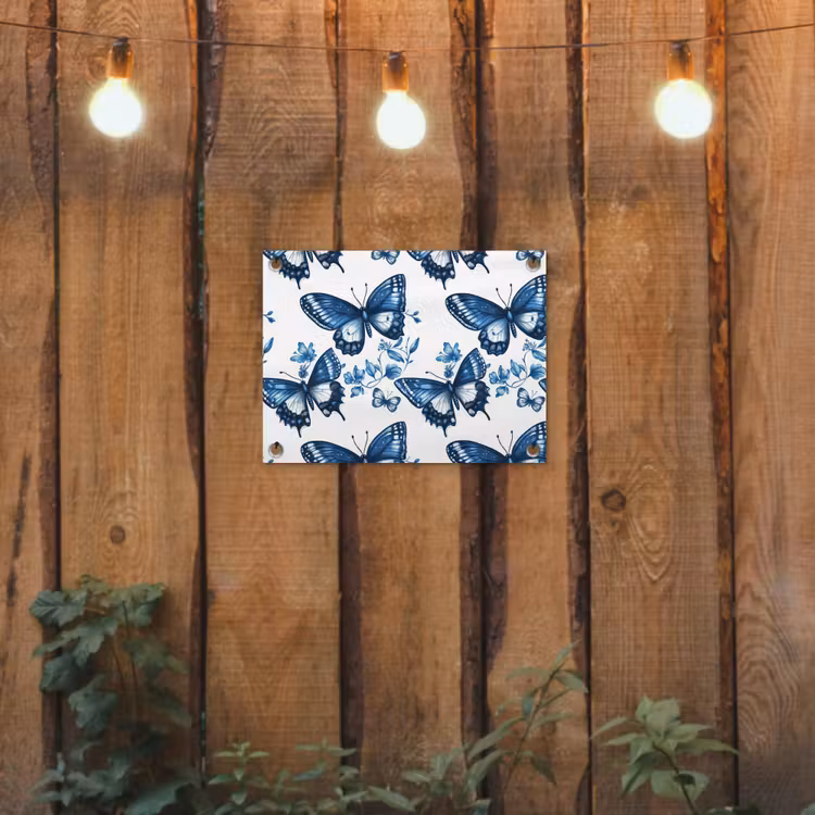 Blauw - Vlinders - Bloemen - Wit tuinposter los doek klein 239 -sfeer1