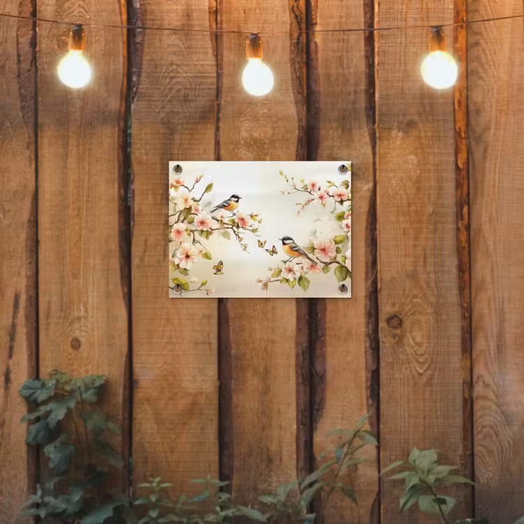 Takken - Bloemen - Vogeltjes - Roze tuinposter los doek klein -sfeer1