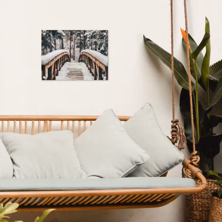 Brug - Winterlandschap - Bos - Natuur - Sneeuw tuinposter los doek klein -sfeer7