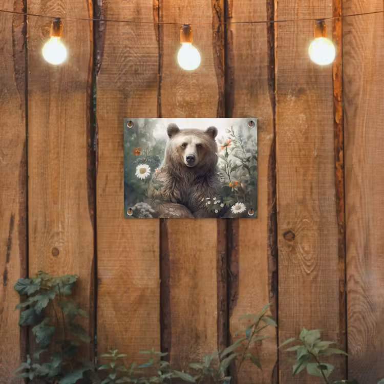 Bruine beer - Wilde dieren - Bloemen - Planten tuinposter los doek klein -sfeer1