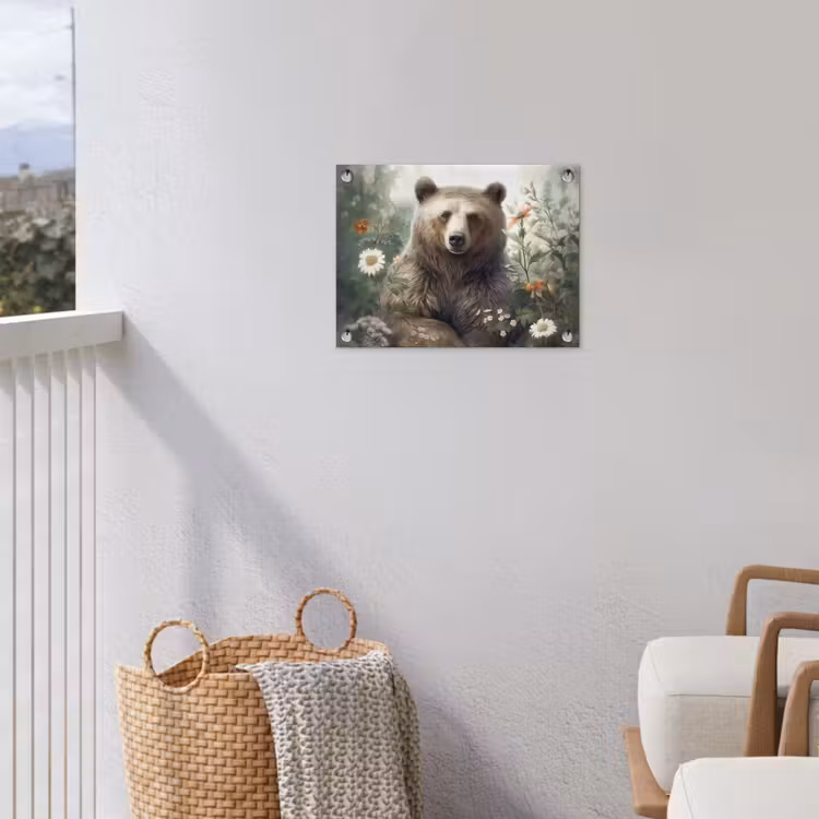 Bruine beer - Wilde dieren - Bloemen - Planten tuinposter los doek klein -sfeer8