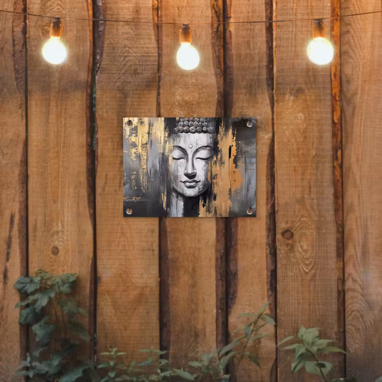Boedhha - Penseelstreken - Goud - Abstract tuinposter los doek klein -sfeer1